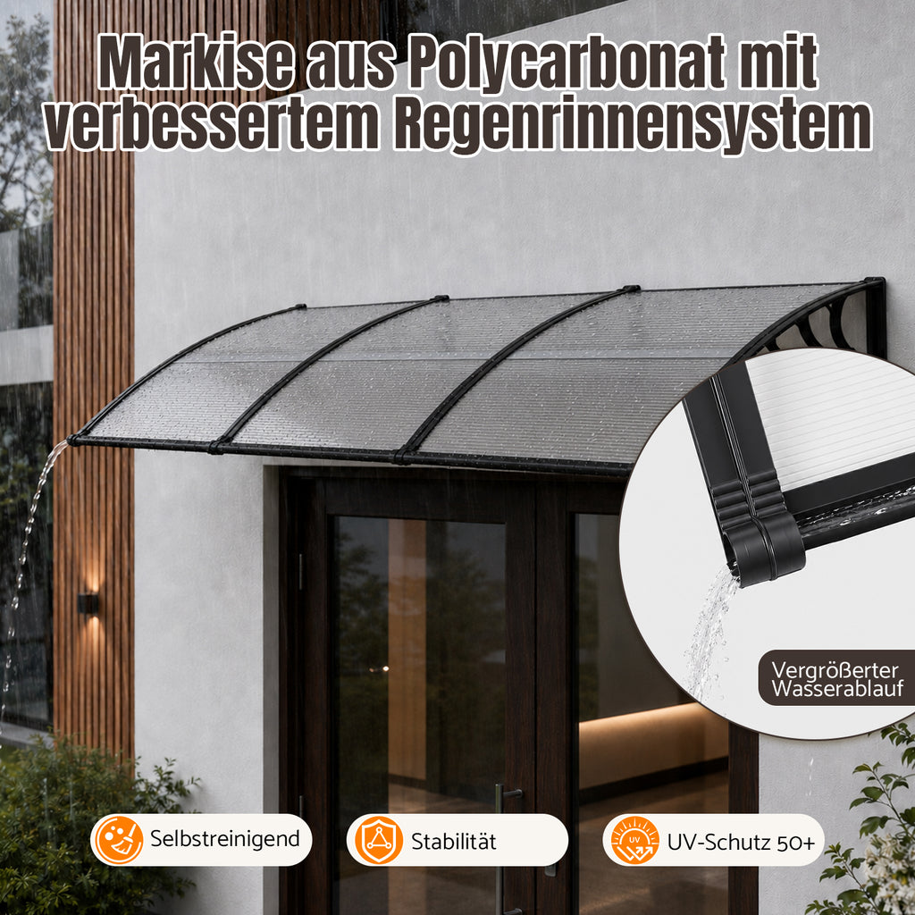 Vordach für Außentüren, mit vergrößerter Regenrinne, einseitig geneigtes, gewölbtes Vordach, schützt vor Sonne und Regen, vier Größen: 120 cm / 150 cm / 200 cm / 300 cm
