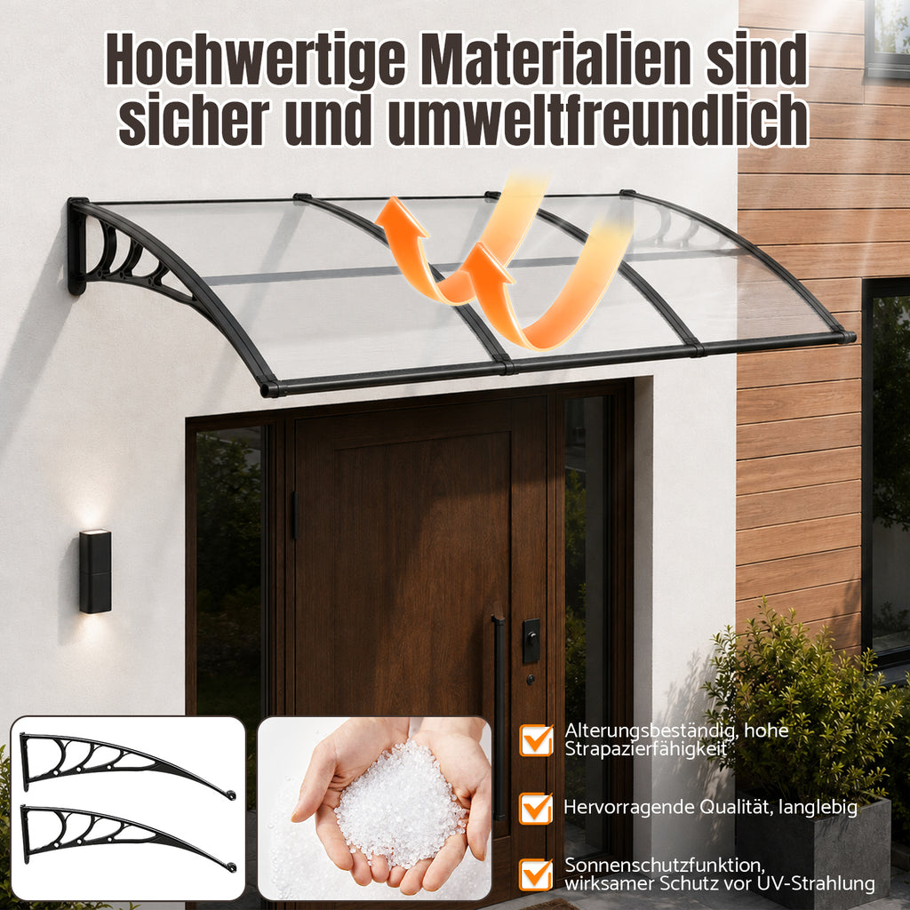 Vordach für Außentüren, mit vergrößerter Regenrinne, einseitig geneigtes, gewölbtes Vordach, schützt vor Sonne und Regen, vier Größen: 120 cm / 150 cm / 200 cm / 300 cm