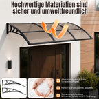 Vordach für Außentüren, halbtransparente, braune PC-Platten + schwarze Verstärkungsstreben, vergrößerte Regenrinne, einseitig geneigtes, gewölbtes Vordach, schützt vor Sonne und Regen, vier Größen: 120 cm / 150 cm / 200 cm / 300 cm
