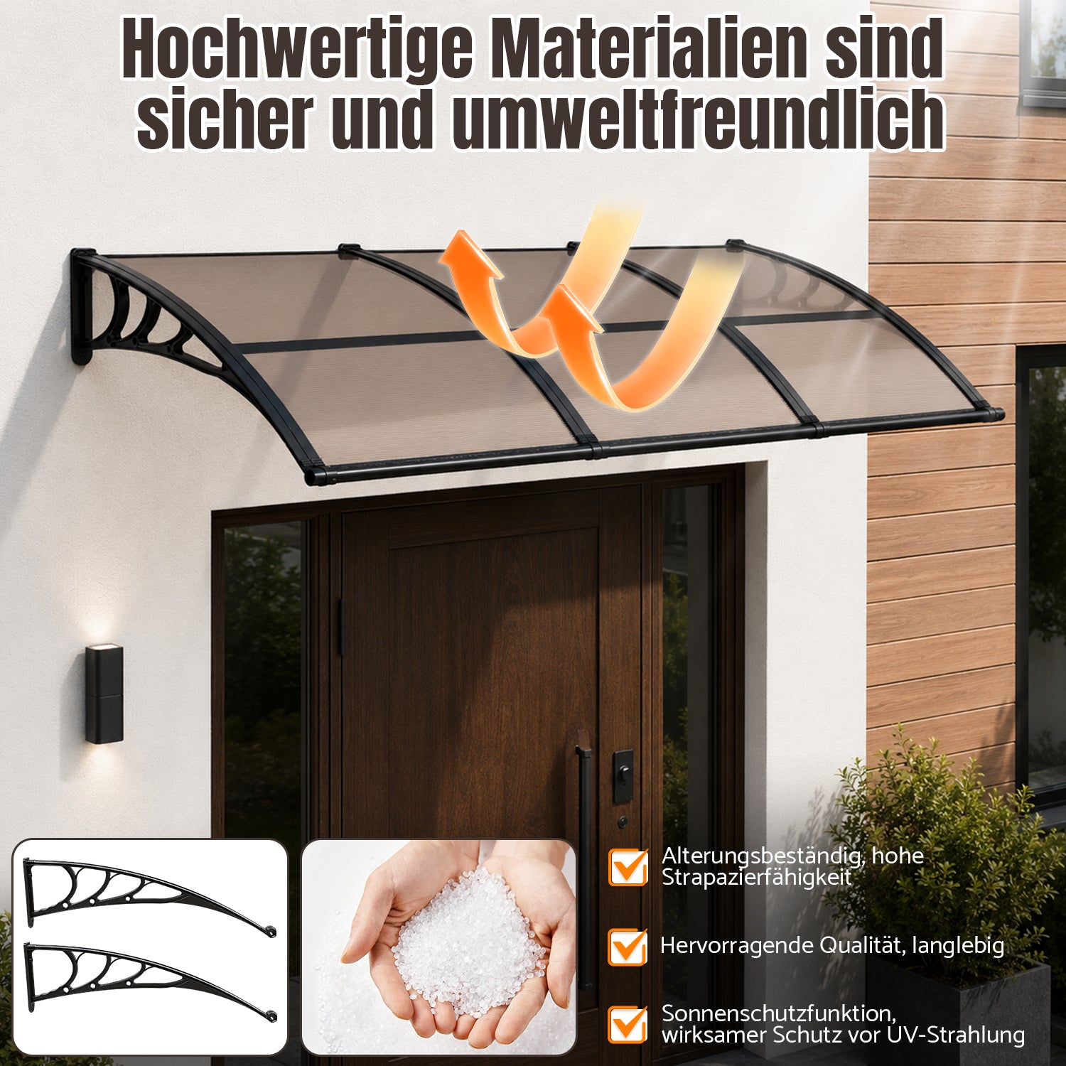 Vordach für Außentüren, halbtransparente, braune PC-Platten + schwarze Verstärkungsstreben, vergrößerte Regenrinne, einseitig geneigtes, gewölbtes Vordach, schützt vor Sonne und Regen, vier Größen: 120 cm / 150 cm / 200 cm / 300 cm