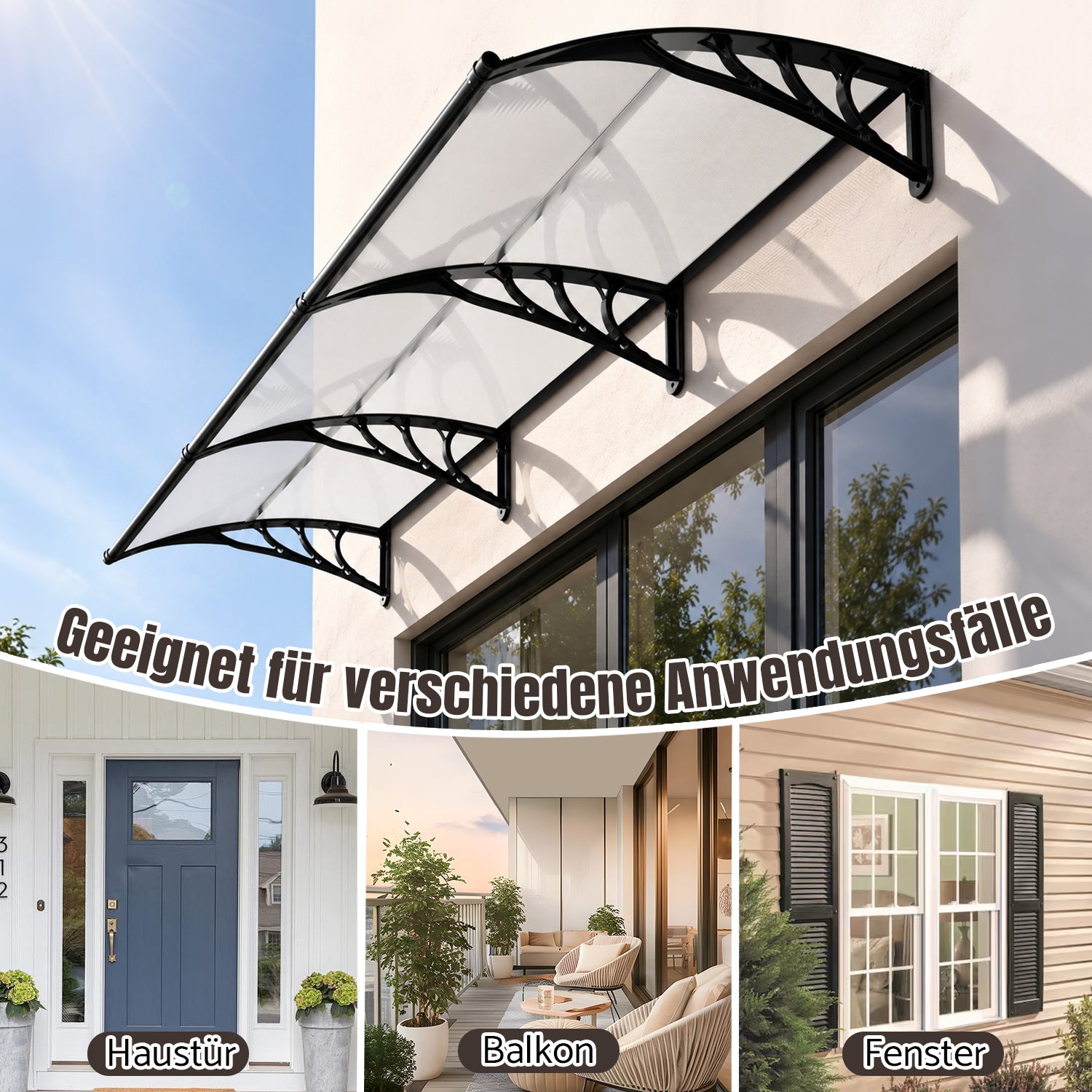 Vordach für Außentüren, mit vergrößerter Regenrinne, einseitig geneigtes, gewölbtes Vordach, schützt vor Sonne und Regen, vier Größen: 120 cm / 150 cm / 200 cm / 300 cm