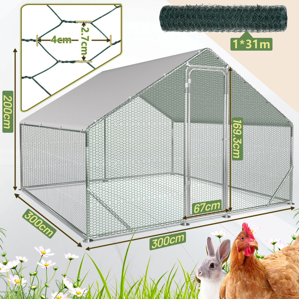 XXL-Modell mit Schloss – 300 x 300 x 200 cm – verzinkter Stahl – Hühnerstall aus verzinktem Stahl mit Sonnenschutzdach und Hühnerklappe – Außengehege – für Tiere geeignet