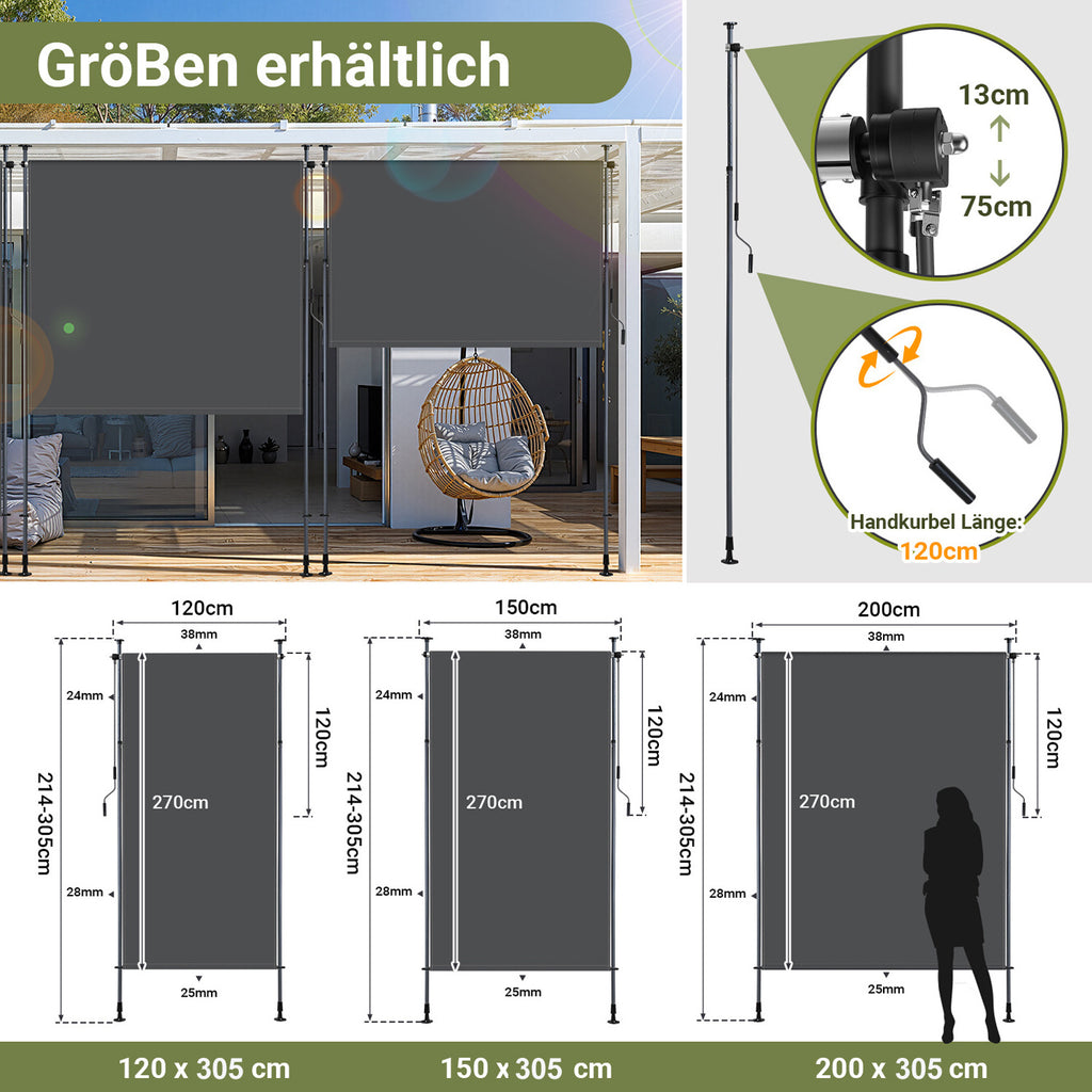 Vertikalmarkisen, ausziehbare Vertikalmarkisen für den Außenbereich mit Handkurbel, keine Bohrungen erforderlich, Sichtschutz für den Balkon sowie Windschutz für Garten und Terrasse, anthrazitgrau