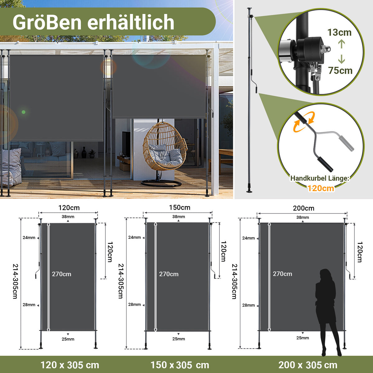 Vertikalmarkisen, ausziehbare Vertikalmarkisen für den Außenbereich mit Handkurbel, keine Bohrungen erforderlich, Sichtschutz für den Balkon sowie Windschutz für Garten und Terrasse, anthrazitgrau
