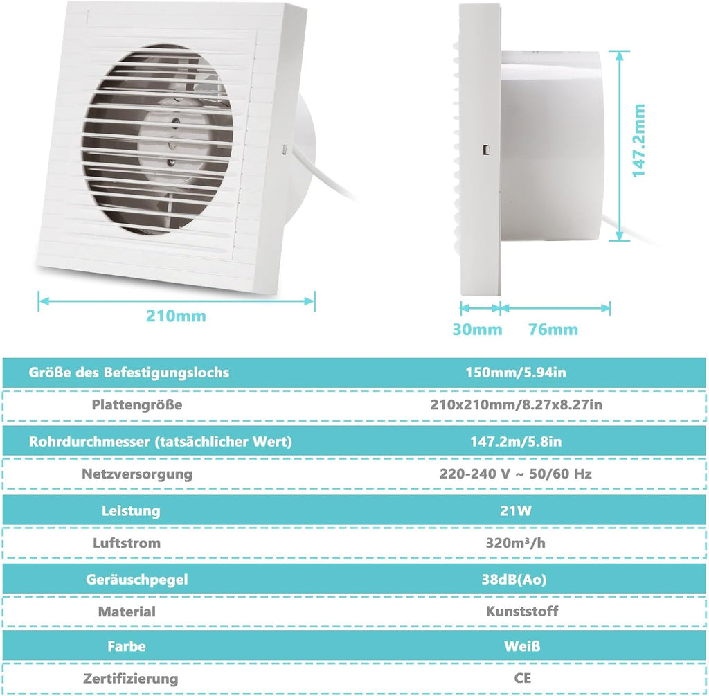 100/150 mm leiser Badventilator, Plug-and-Play, Kunststoffgehäuse, geeignet für Badezimmer, Küche, Keller und Toiletten, leitet Wasserdampf und Gerüche ab, glatte Frontblende, weiß
