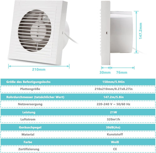 100/150 mm leiser Badventilator, Plug-and-Play, Kunststoffgehäuse, geeignet für Badezimmer, Küche, Keller und Toiletten, leitet Wasserdampf und Gerüche ab, glatte Frontblende, weiß