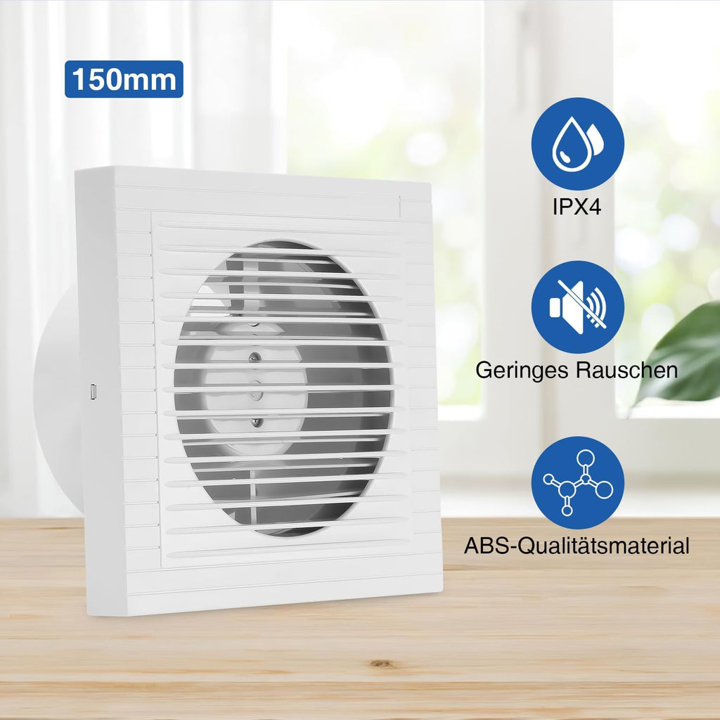 100/150 mm leiser Badventilator, Plug-and-Play, Kunststoffgehäuse, geeignet für Badezimmer, Küche, Keller und Toiletten, leitet Wasserdampf und Gerüche ab, glatte Frontblende, weiß