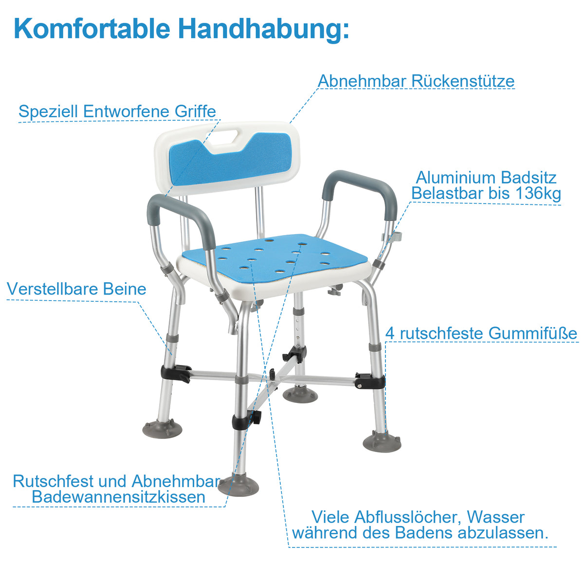 Duschhocker, Höhenverstellbarer Duschstuhl für Senioren, Duschsitz mit Armlehnen und Rückenlehne, Sicherer Aluminium Badestuhl mit Doppelt Verstärktem Querbalken, 180KG belastbar