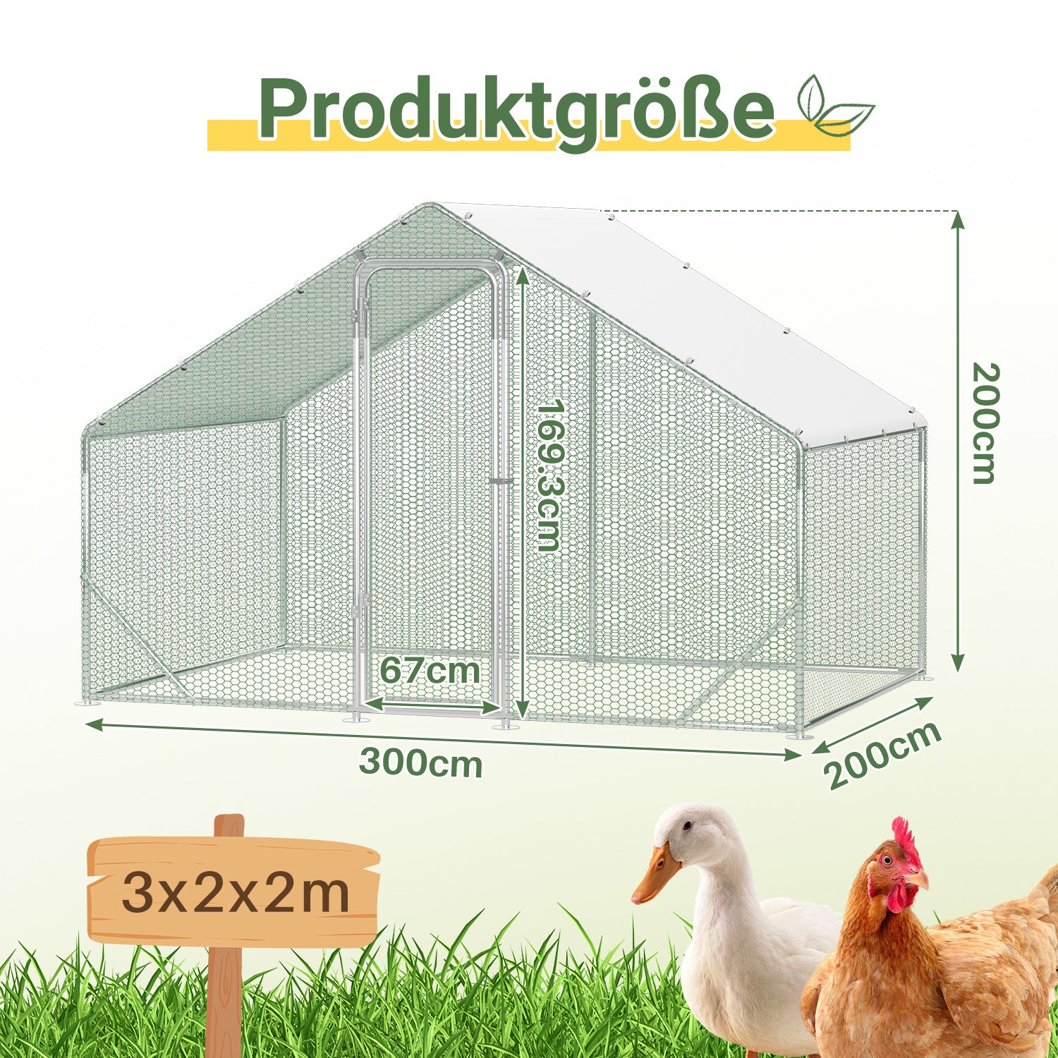 XL-Modell mit Schloss – 300 x 200 x 200 cm – verzinkter Stahl – Hühnerstall aus verzinktem Stahl mit Sonnenschutzdach und Hühnerklappe – Außengehege – für Tiere geeignet