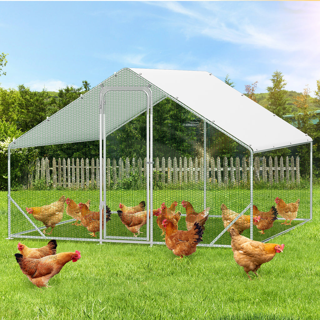 XL-Modell mit Schloss – 300 x 200 x 200 cm – verzinkter Stahl – Hühnerstall aus verzinktem Stahl mit Sonnenschutzdach und Hühnerklappe – Außengehege – für Tiere geeignet