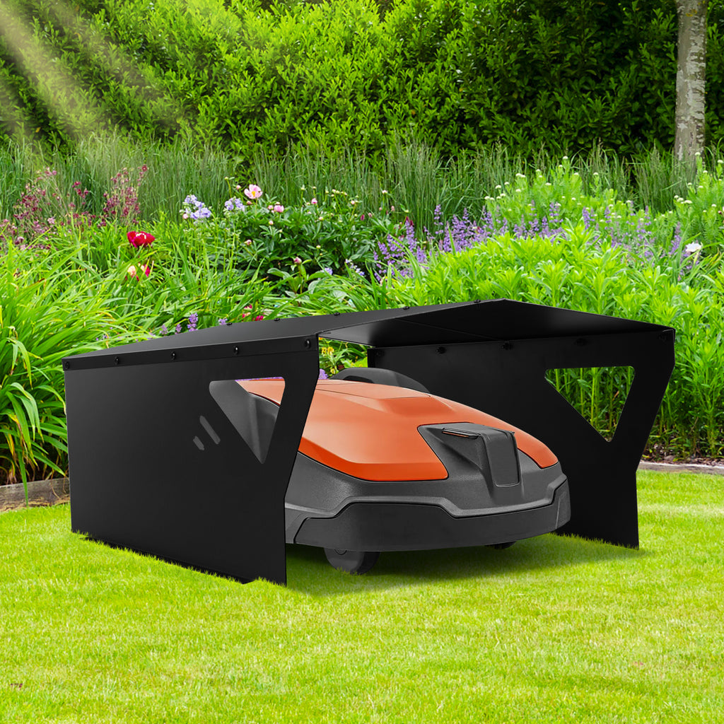 Garage für Mähroboter, 78 x 60 x 34 cm, schwarzer, verzinkter Unterstand, schützt vor Regen, Sonne und Hagel, witterungsbeständig und UV-beständig, geeignet als Überdachung für Gartenmäher und Mähroboter, inklusive Montagezubehör