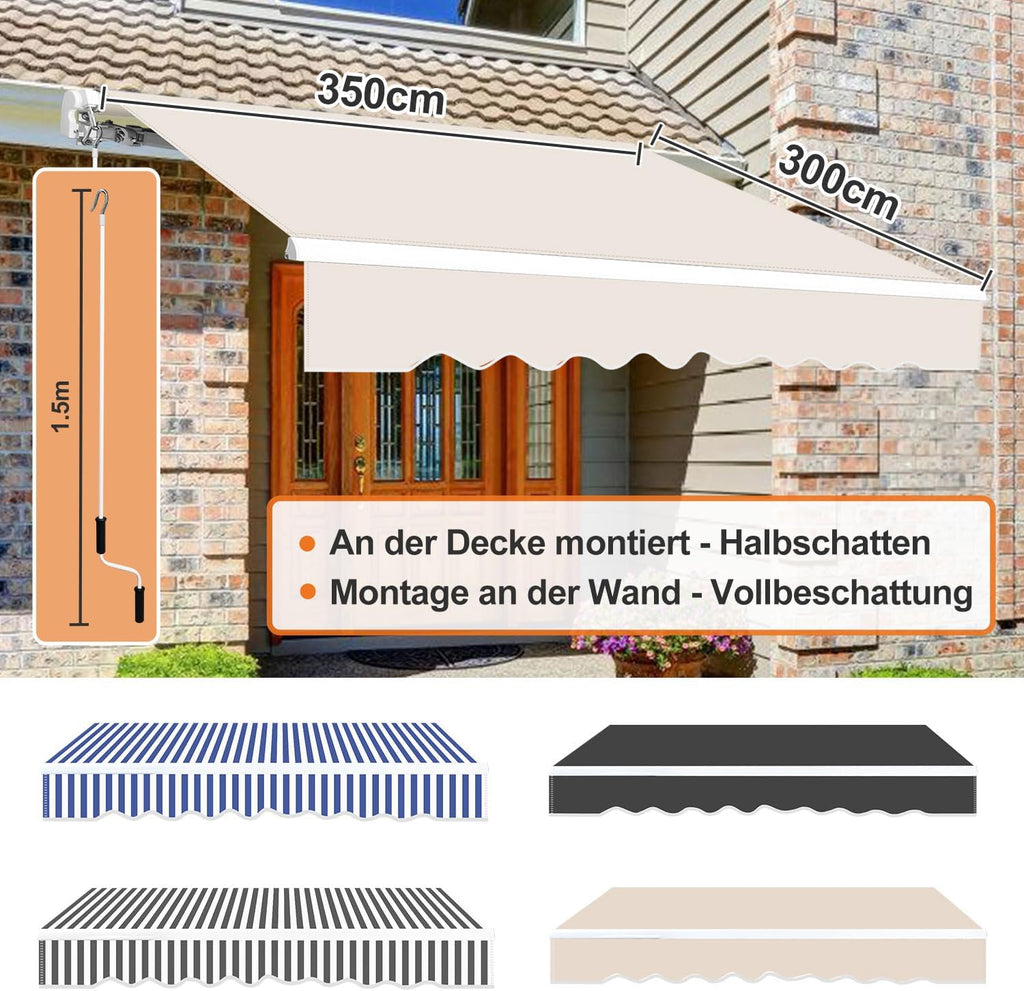 Manuelle Klappmarkise, 350 x 300 cm, mit Kurbel, UV-beständig und wasserdicht, aus Aluminium/Polyester, geeignet für Balkon, Terrasse und Garten, in vier Ausführungen erhältlich