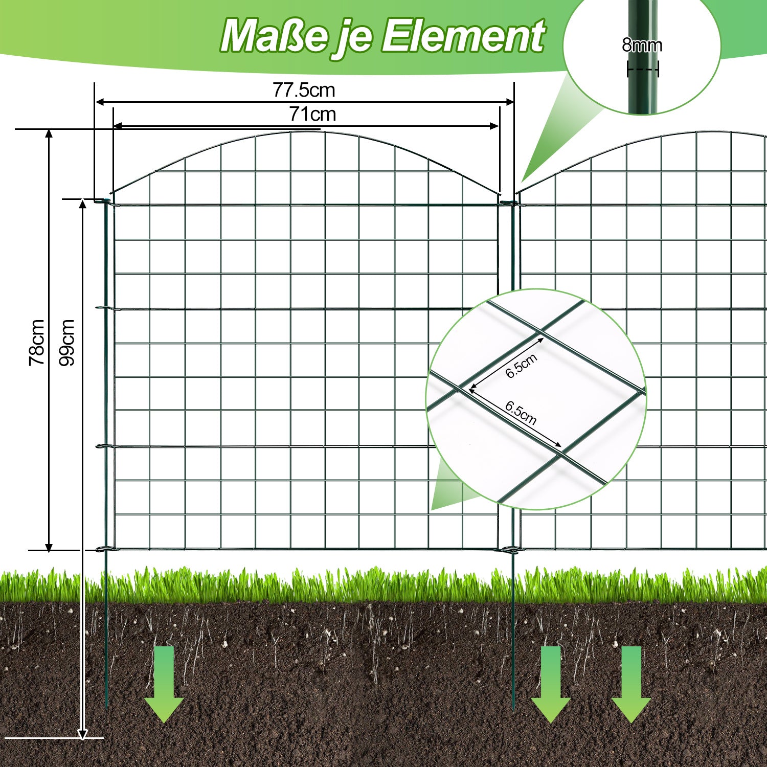 Teichzäune, Metall-Gartenzäune, Außenzäune, 3,75/7,5/10,5 Meter, inklusive Zaunelemente und Befestigungsstangen, oben nach oben gewölbt