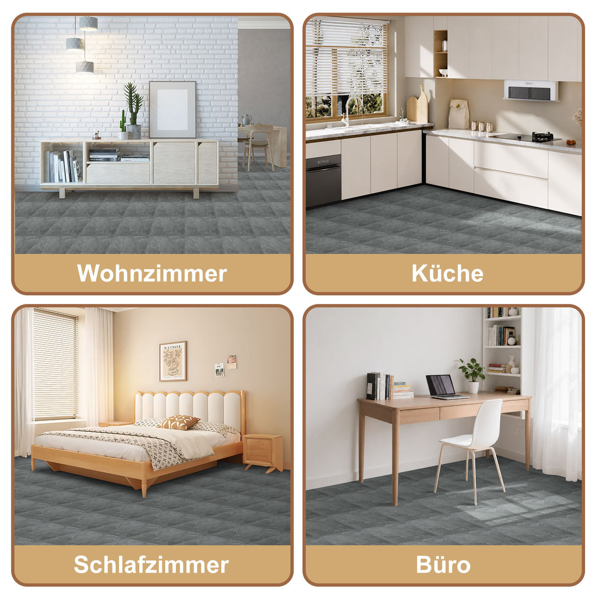 PVC-Bodenbelag, selbstklebender Vinylboden, rutschfest und wasserfest, rutschfester Vinyl-Verbundbodenbelag für Wohnzimmer, Schlafzimmer und Küche, 30 cm × 30 cm, 1 m² = 11 Fliesen, in drei Farben erhältlich
