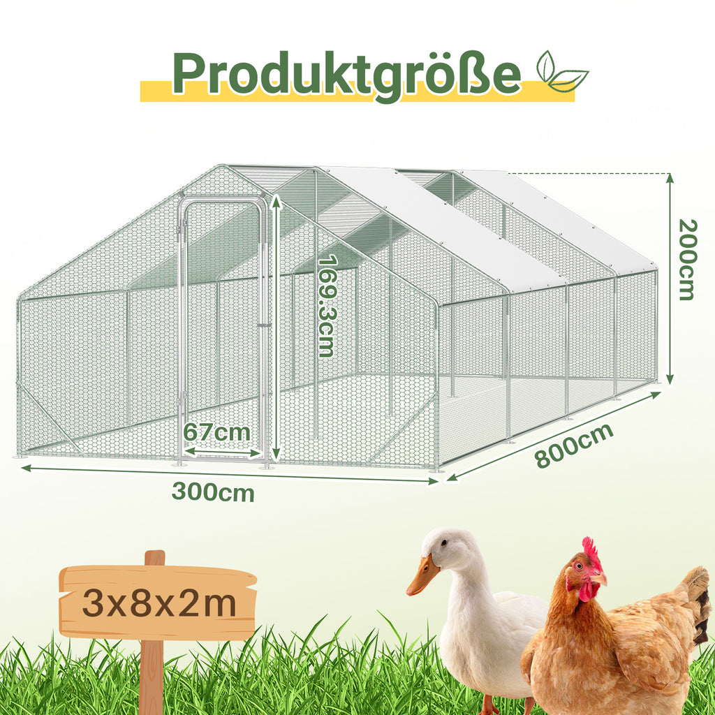 3 × 8 × 2 Meter großer Hühnerstall für den Außenbereich – Geflügelstall aus verzinktem Stahl mit Kuppeldach, geeignet für Hühner, Kaninchen, Gänse, Tauben und Wachteln, mit Metallzaun mit Maschen（副本）
