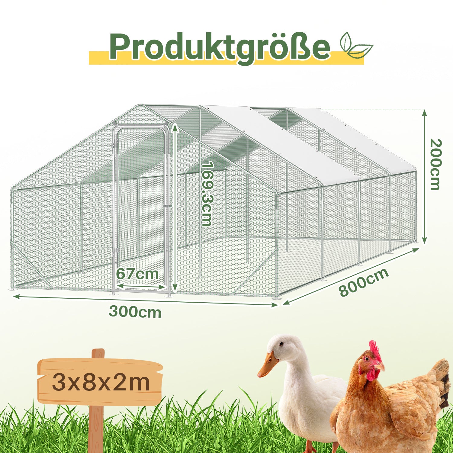 3 × 8 × 2 Meter großer Hühnerstall für den Außenbereich – Geflügelstall aus verzinktem Stahl mit Kuppeldach, geeignet für Hühner, Kaninchen, Gänse, Tauben und Wachteln, mit Metallzaun mit Maschen（副本）