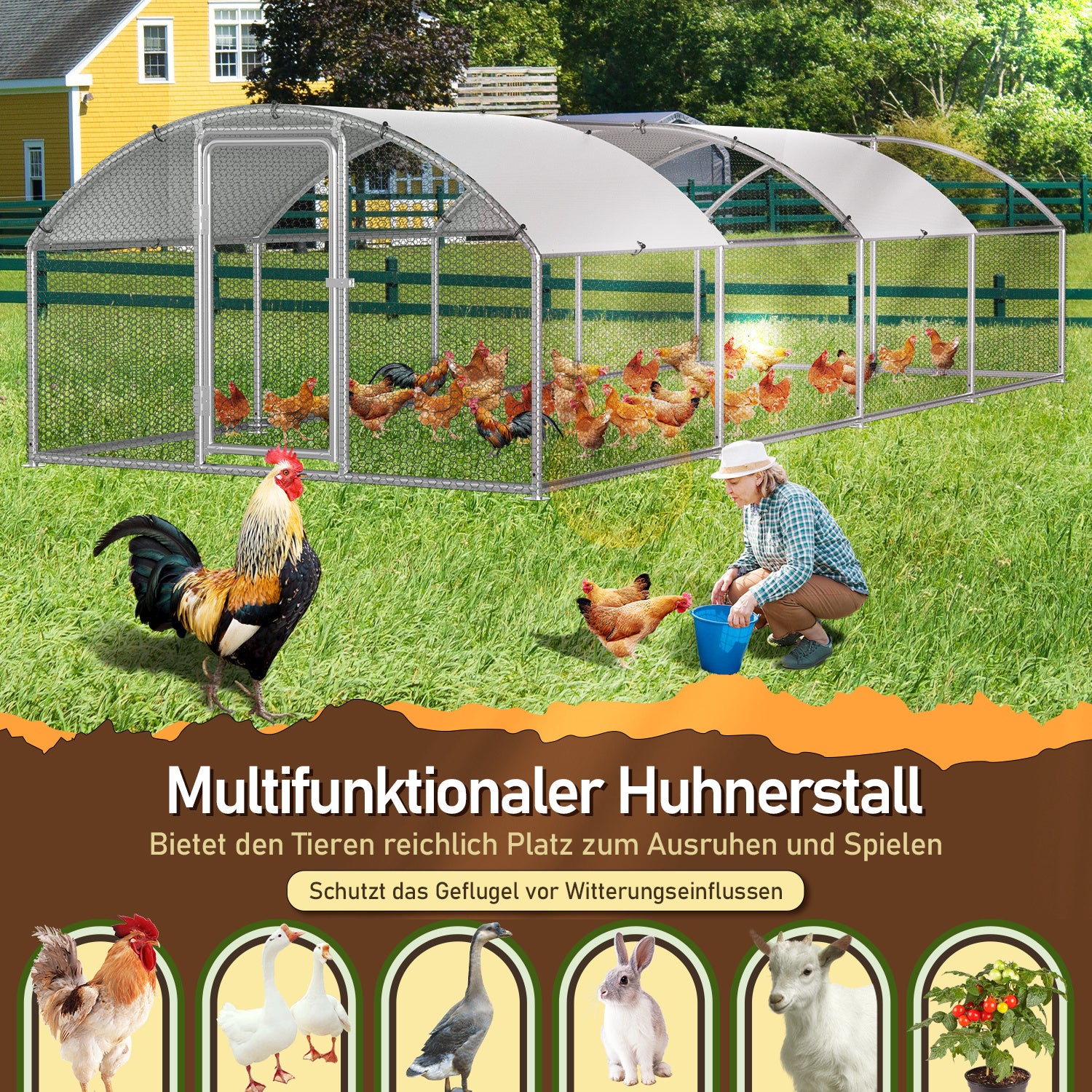 6–24 Quadratmeter große kuppelförmige Hühnerställe für den Außenbereich, Hühnerställe aus verzinktem Stahl, mit Tür und Riegel, Geflügelställe für Hühner, Kaninchen, Gänse, Tauben und Wachteln, Metallzäune