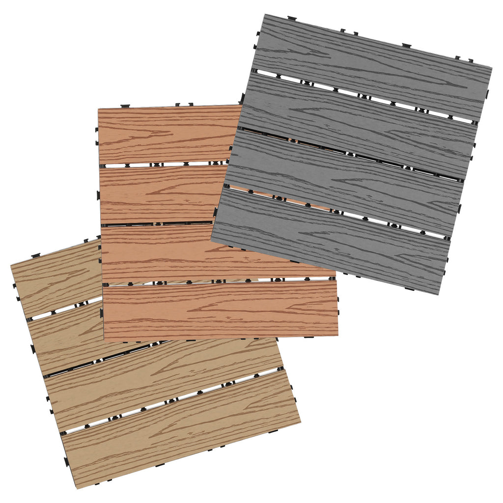 WPC-Terrassenfliesen in Holzoptik, 30 x 30 cm, WPC-Bodenfliesen, Terrassen- und Balkonfliesen mit Klicksystem und Entwässerungsfunktion, wasserfest und rutschfest, Teakholzfarben/Rotbraun/Dunkelgrau, 1–5 m²