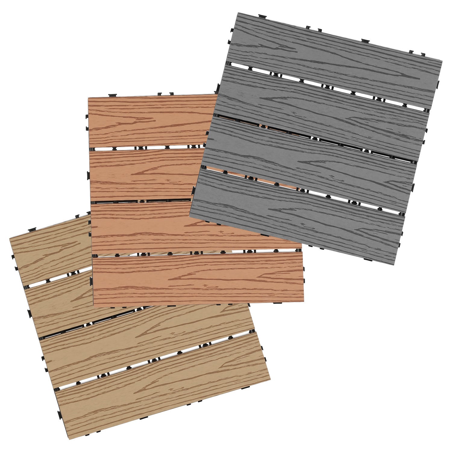 WPC-Terrassenfliesen in Holzoptik, 30 x 30 cm, WPC-Bodenfliesen, Terrassen- und Balkonfliesen mit Klicksystem und Entwässerungsfunktion, wasserfest und rutschfest, Teakholzfarben/Rotbraun/Dunkelgrau, 1–5 m²