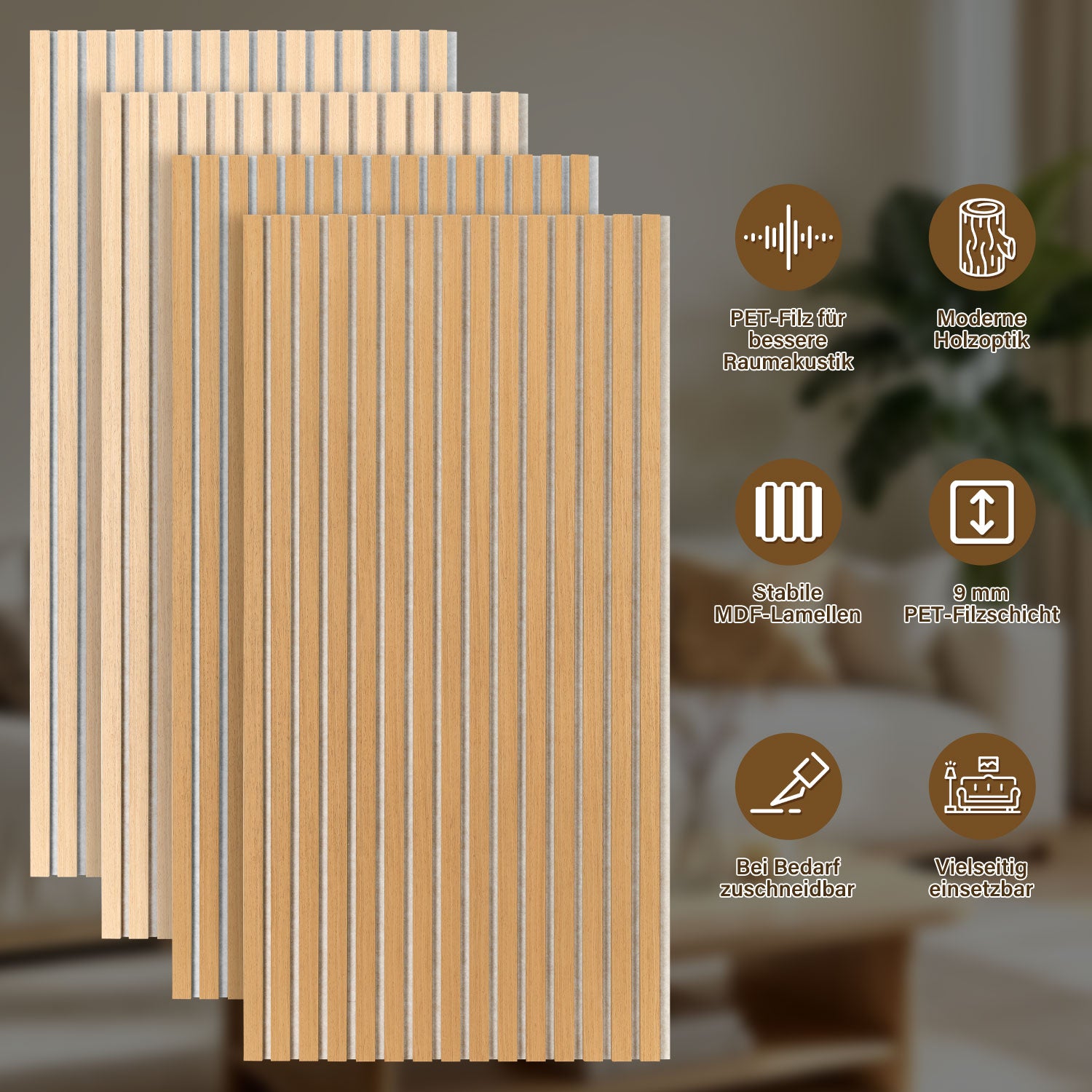 Holz-Akustikplatte 120 x 60 cm, Eiche/Beige | Holz-Akustikplatte mit einer Stärke von 21 mm, bestehend aus MDF-Leisten und 9 mm starkem PET-Filz, geeignet für helle Wohnzimmer, Büros und zur Wandgestaltung in Innenräumen