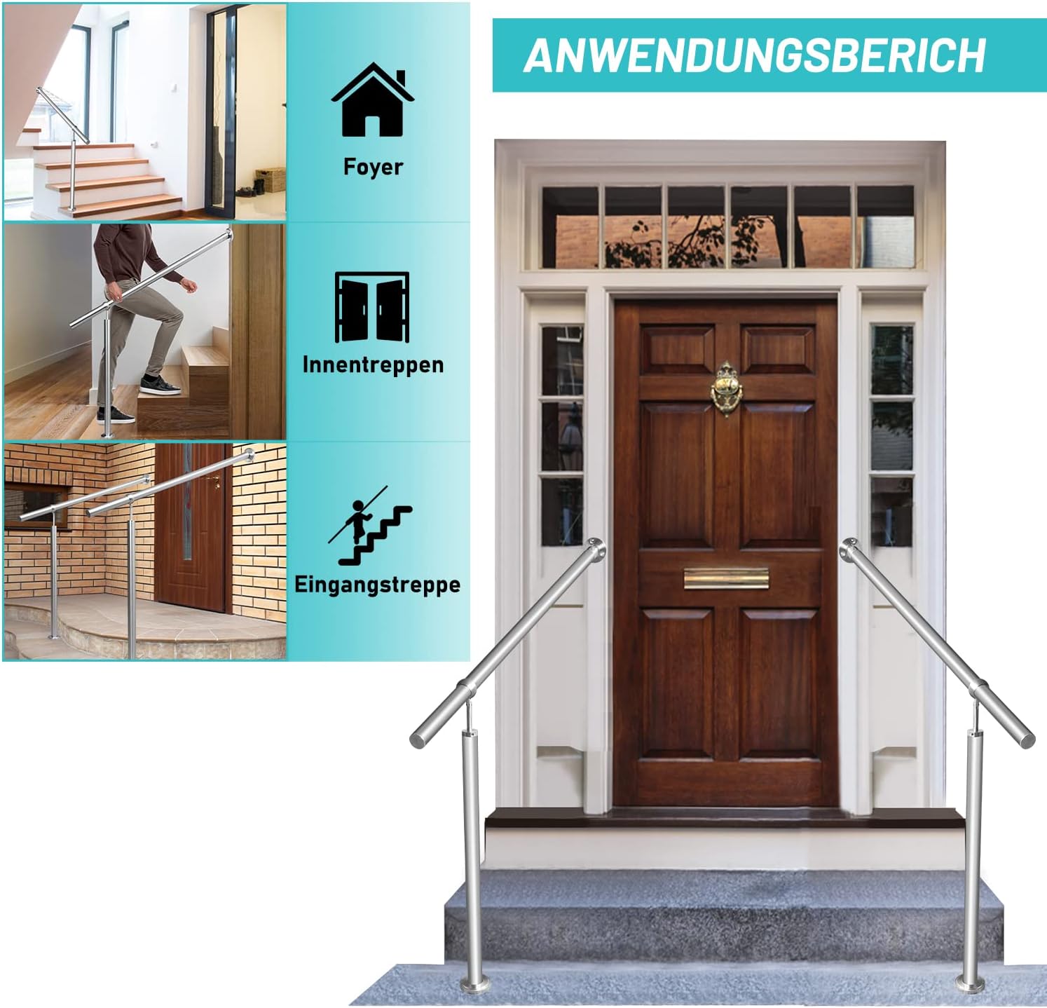 Eingangsgeländer Edelstahl Handlauf Treppengeländer Geländer Seitliche Montage Winkel Einstellbar Wandhandlauf, inkl.Montagematerial, Pflegeleicht Innen Außen Handlauf