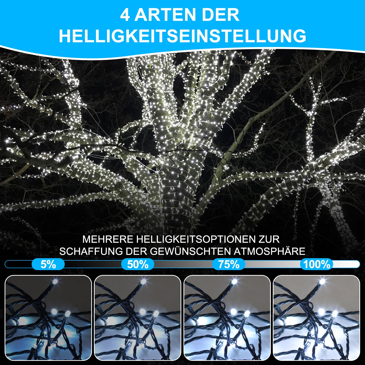30/50/80/100 Meter lange Solar-Lichterkette für den Außenbereich, 300/500/800/1000 LED-Lämpchen, kaltweißes Licht, USB-Aufladung und Solarstromversorgung, 8 Beleuchtungsmodi und Timer-Funktion, Schutzklasse IP44, geeignet für Garten und Partys