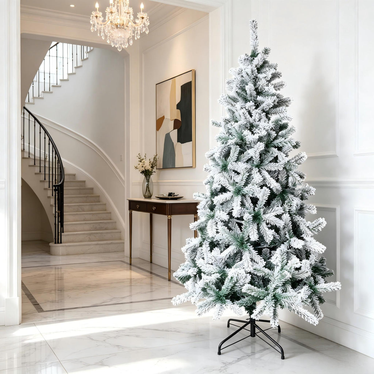 Künstlicher Weihnachtsbaum in den Größen 120/150/180/210 cm; 15 cm lange PVC-Zweige; künstliche Kiefer mit Schneelandschaft; inklusive Ständer, einfach aufzubauen, zerlegbar und verstaubar