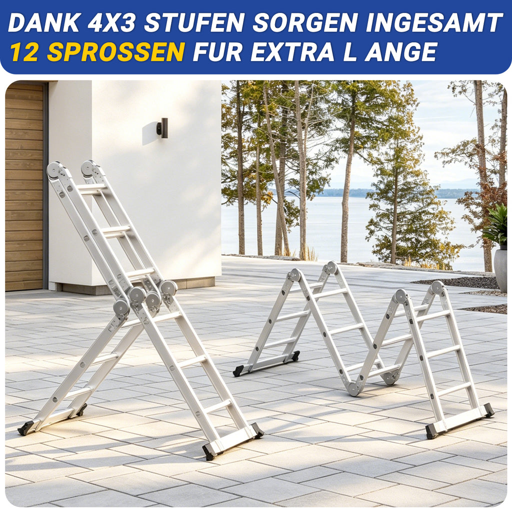 7-in-1-Multifunktionsleiter aus Aluminium, Tragkraft bis zu 150 kg, multifunktional, zusammenklappbar, einsetzbar als Anlehntreppe, Stehleiter und Treppenleiter, geeignet für Haushalt, Garten und Werkstatt, wahlweise mit 4x3, 4x4 oder 4x5 Sprossen.