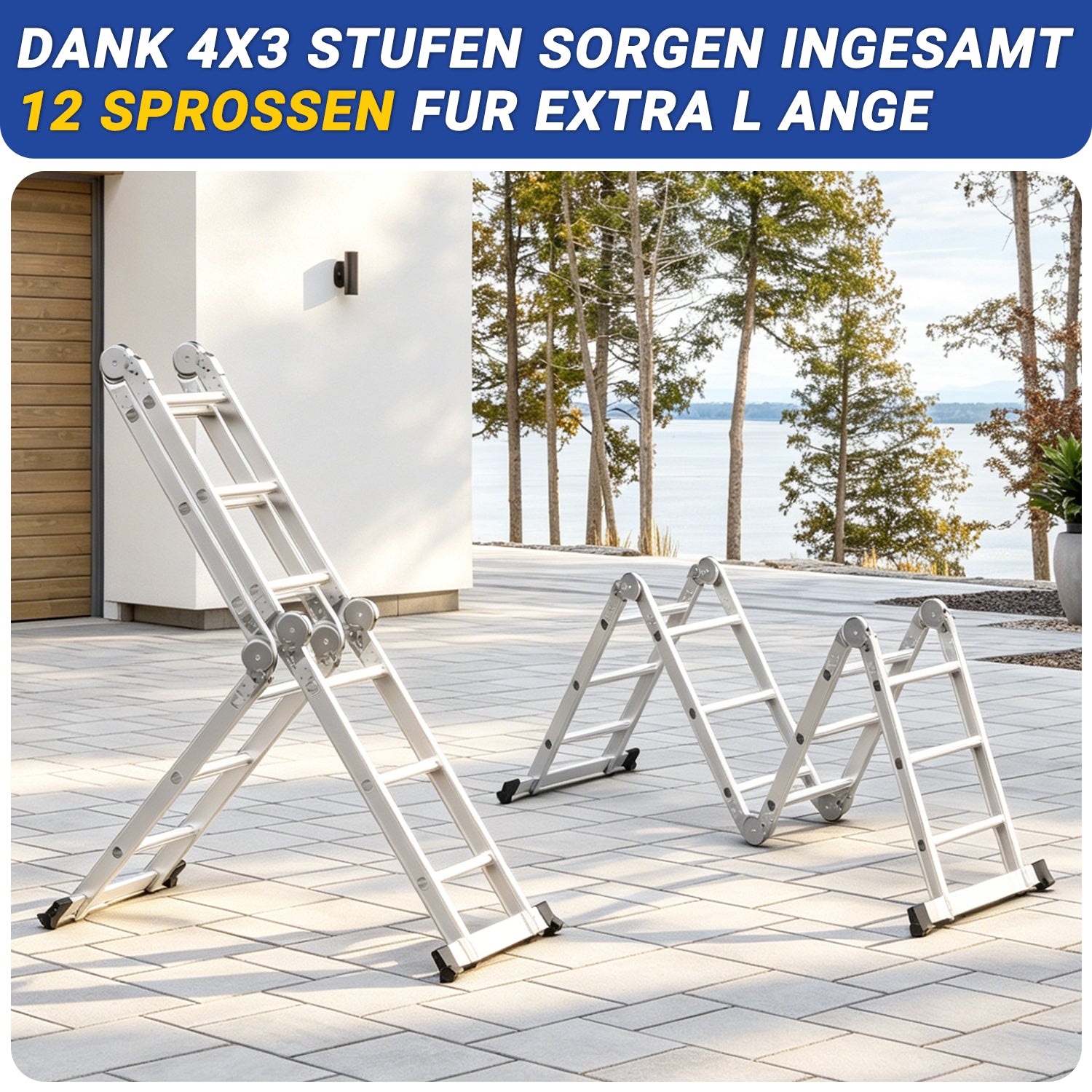 7-in-1-Multifunktionsleiter aus Aluminium, Tragkraft bis zu 150 kg, multifunktional, zusammenklappbar, einsetzbar als Anlehntreppe, Stehleiter und Treppenleiter, geeignet für Haushalt, Garten und Werkstatt, wahlweise mit 4x3, 4x4 oder 4x5 Sprossen.