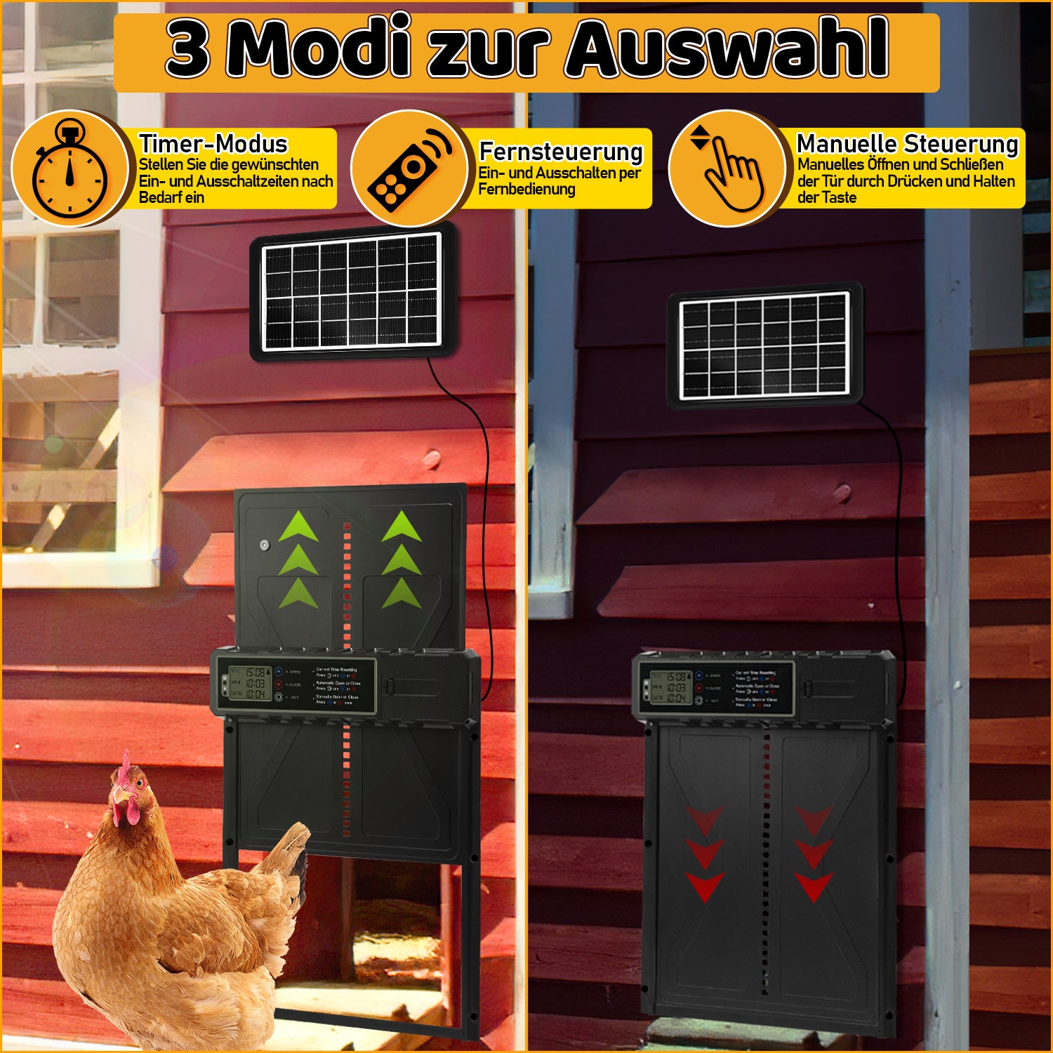 Automatisches Solartor für Hühnerställe mit LCD-Display und Fernbedienung | Elektrisches Hühnerstalltore mit Zeitschaltuhr, Hindernis-Stopp-Alarm, USB-C-Anschluss und Schutzklasse IPX4, geeignet für Hühnerställe, mit Einklemmschutz