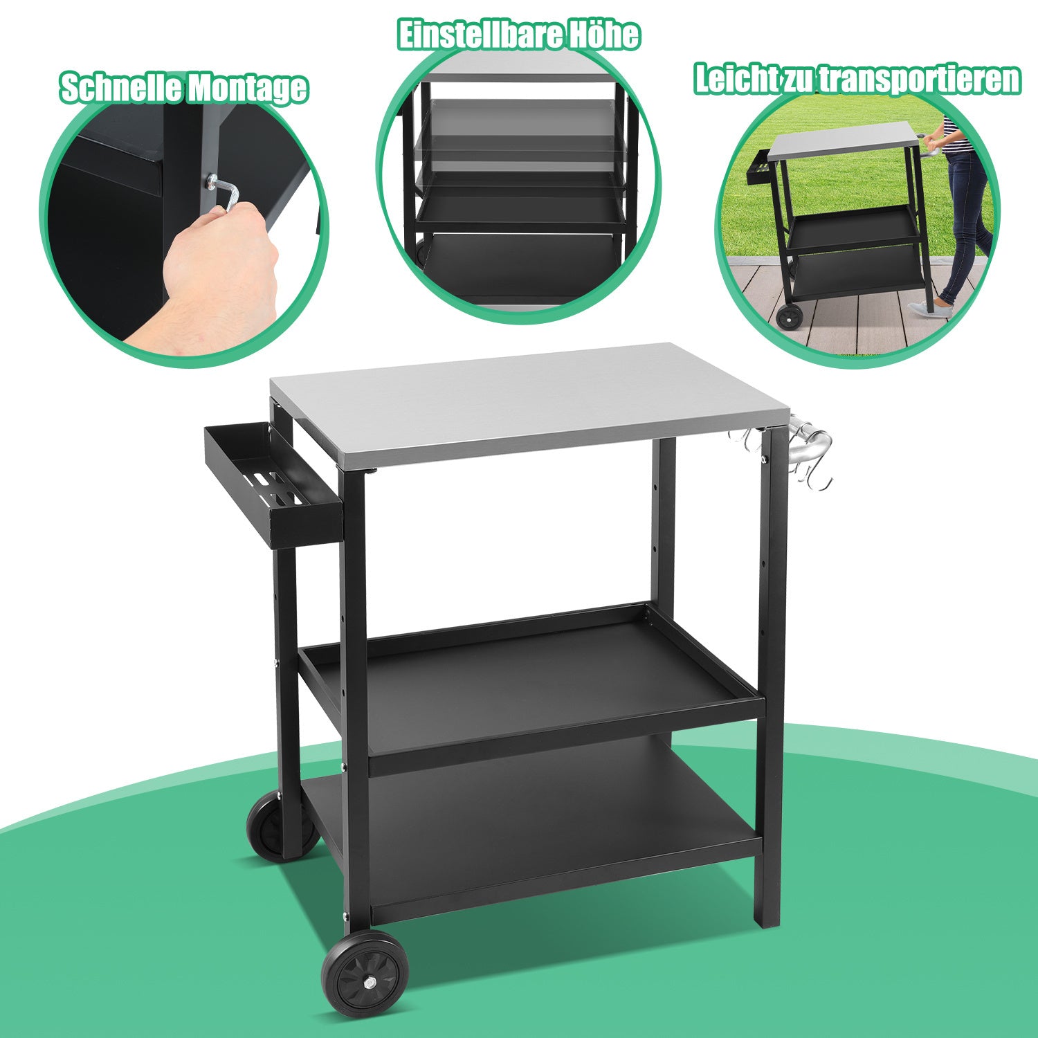 Grillbeistelltisch | Outdoor-Grilltisch mit Verstellbarer Ablage, Gewürzregal und 6X Haken, mobiler Grillwagen mit 2 Rollen, Küchenwagen für Grill und Pizza, 84x67x41cm
