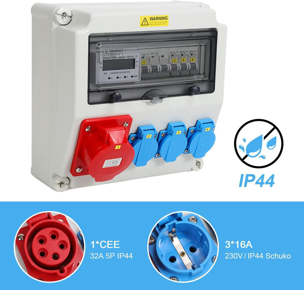 Stromverteiler 32A Industrie IP65 mit 3-Phasen Energiezähler 100A, 3x Schuko 16A, CEE 32A 5-polig, Wandverteiler mit Leitungsschutzschaltern für Baustelle