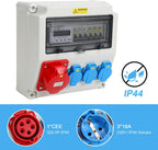 Stromverteiler 32A Industrie IP65 mit 3-Phasen Energiezähler 100A, 3x Schuko 16A, CEE 32A 5-polig, Wandverteiler mit Leitungsschutzschaltern für Baustelle