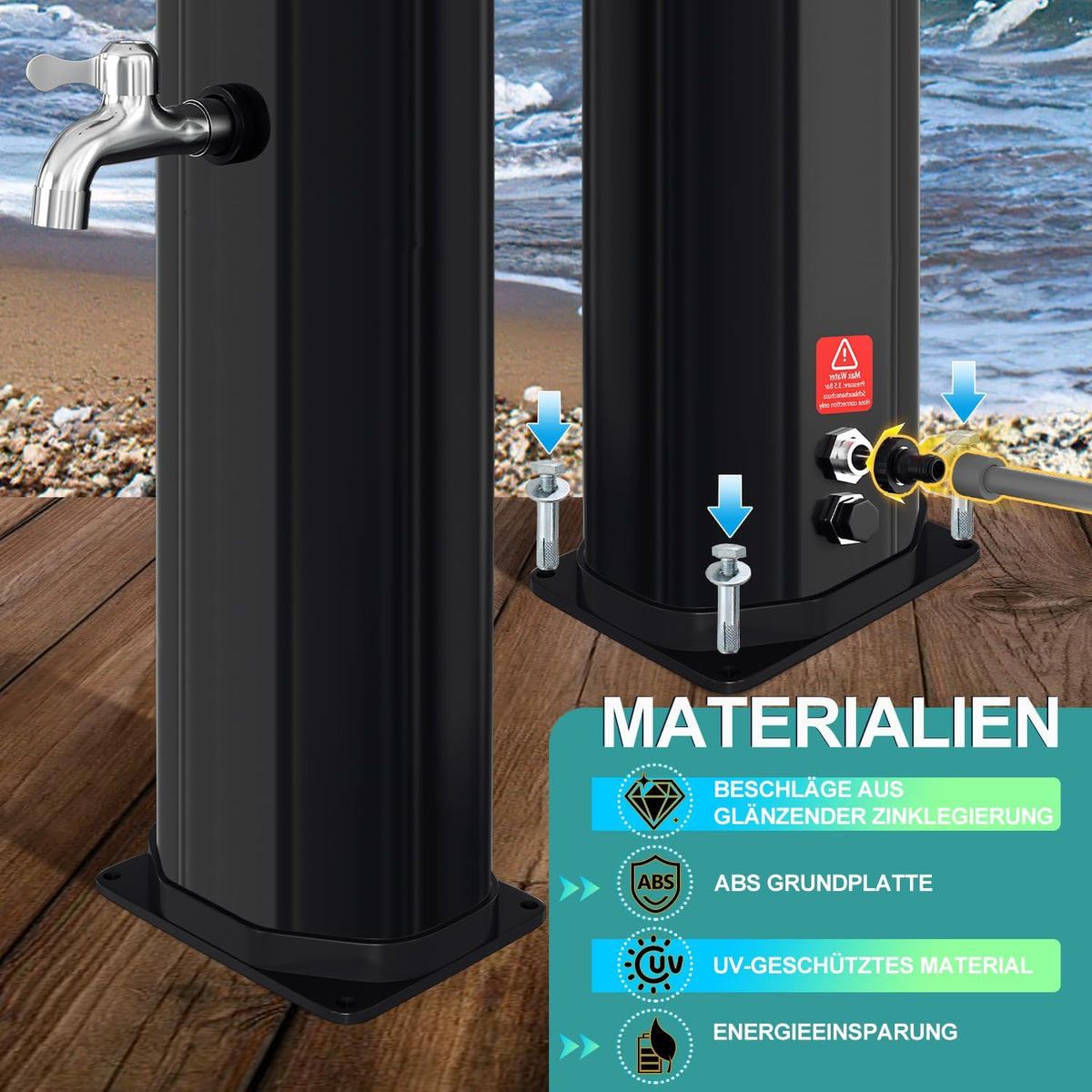 Solardusche 35L Solar Gartendusche warmes Wasser Bis Zu 60°C ohne Stromanschluss Pooldusche Camping mit Fußdusche und schwenkbarem Regenduschkopf, inkl. Montagematerial, Schwarz