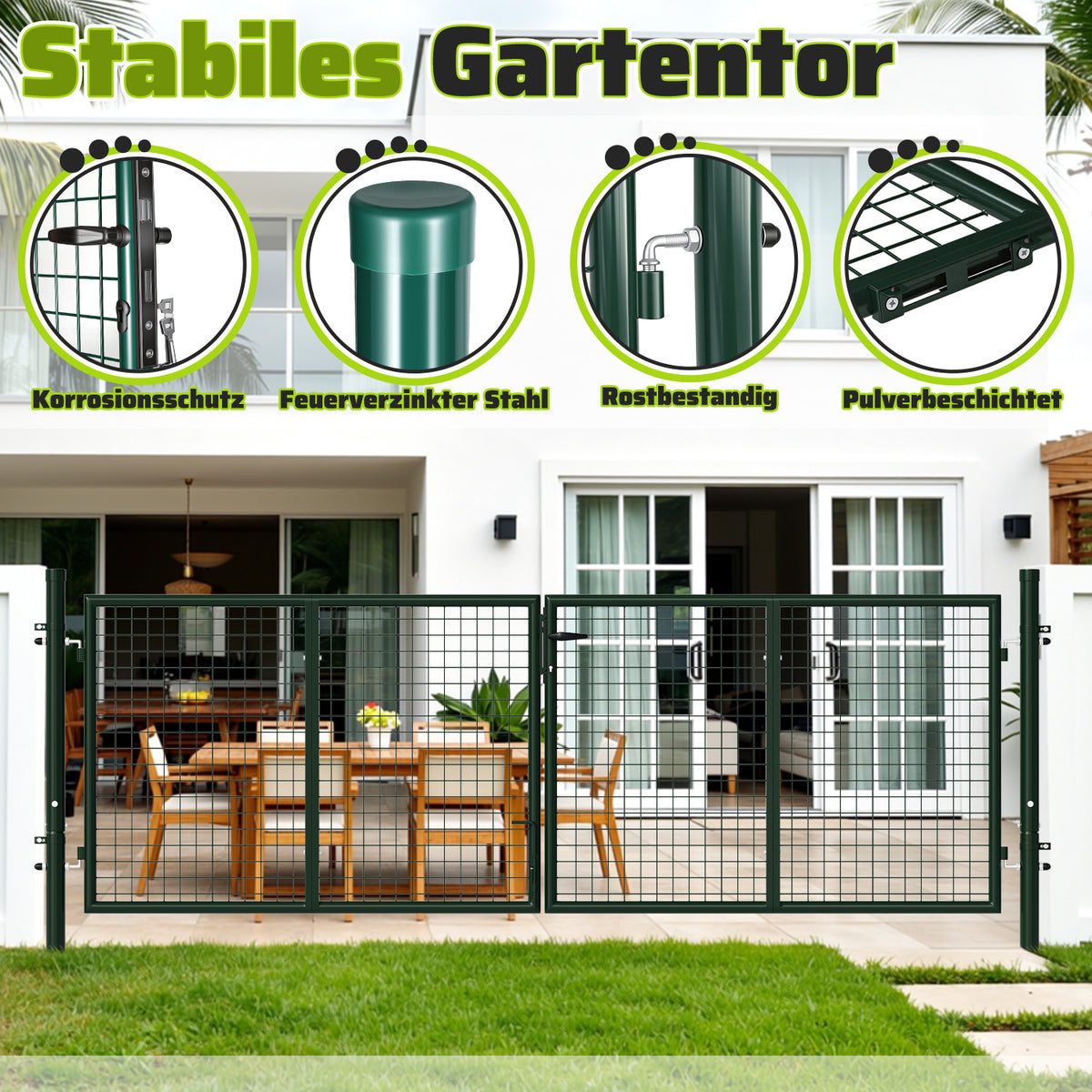 Doppelflügeltore, 300x100cm/350x100cm Metall Gartentor, Gartenzaun Zaun inkl. Griff, Schloss und 3 Schlüsseln, Robust Gartentür für Zauntür, Hoftor, Zauntor, Rundrohr, Grün/Anthrazit
