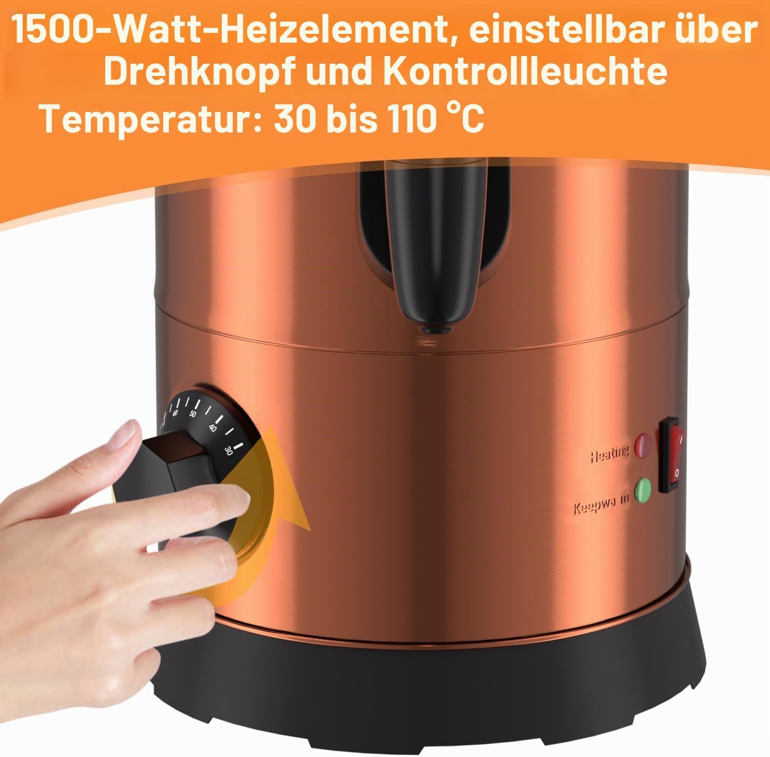 Glühweinkocher 8L / 1500W, Einkochautomat aus Edelstahl Glühweinkessel Glühweinautomat Heißgetränkeautomat Temperatur von 30-110°C Heißwasserspender mit 10x Becher Kupfer