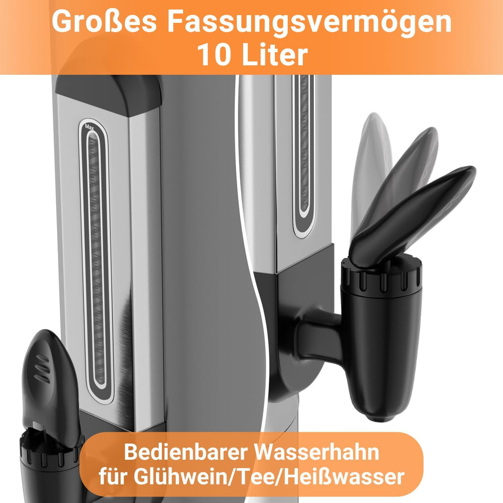 Glühweinkocher 10L, 1500W Glühweinkocher mit Zapfhahn Thermostat,Glühweintopf Edelstahl mit Wasserstandsanzeige, Einstellbare Temperatur von 30-110°C,Heißgetränkeautomat 10x Becher,Silber