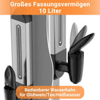 Glühweinkocher 10L, 1500W Glühweinkocher mit Zapfhahn Thermostat,Glühweintopf Edelstahl mit Wasserstandsanzeige, Einstellbare Temperatur von 30-110°C,Heißgetränkeautomat 10x Becher,Silber