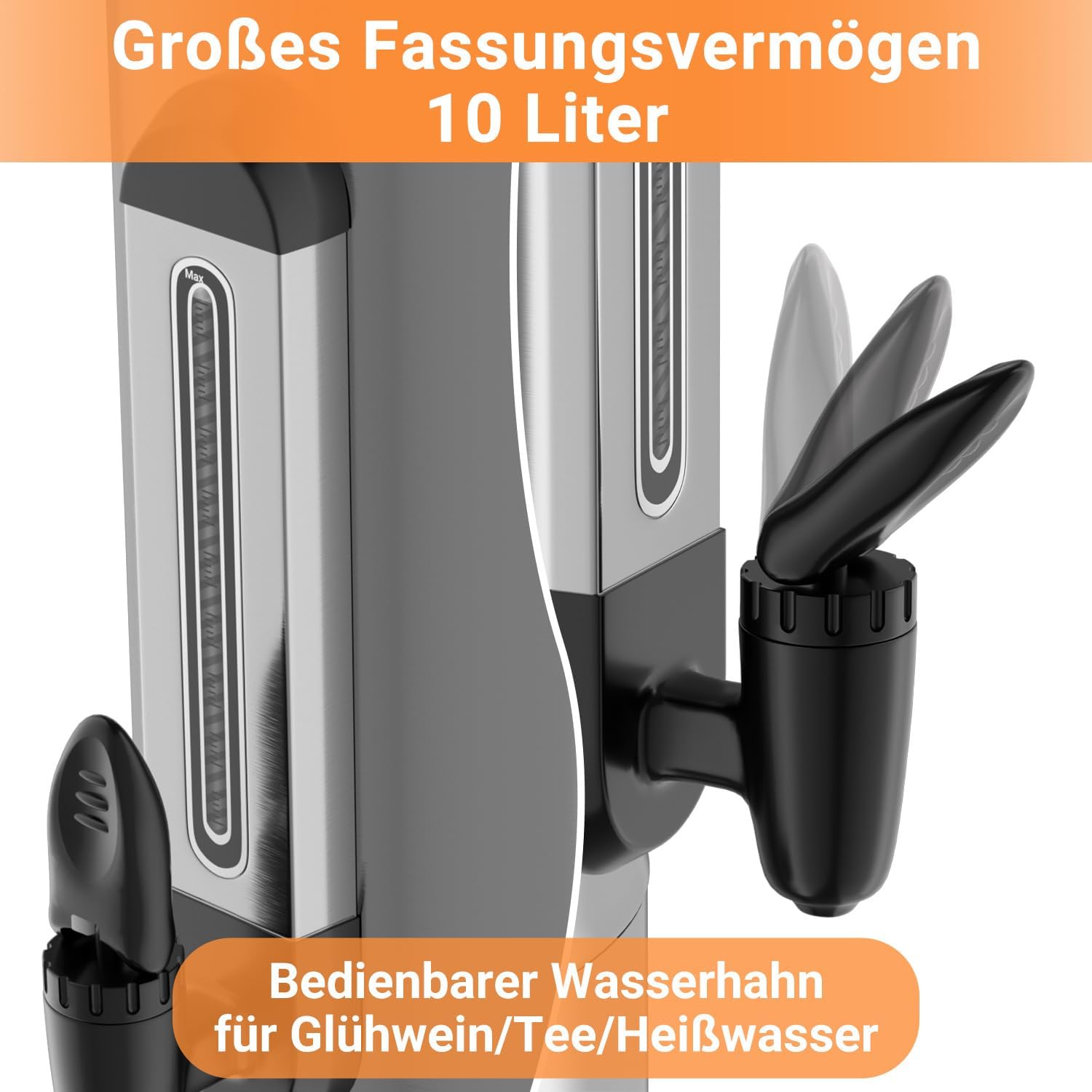 Glühweinkocher 10L, 1500W Glühweinkocher mit Zapfhahn Thermostat,Glühweintopf Edelstahl mit Wasserstandsanzeige, Einstellbare Temperatur von 30-110°C,Heißgetränkeautomat 10x Becher,Silber