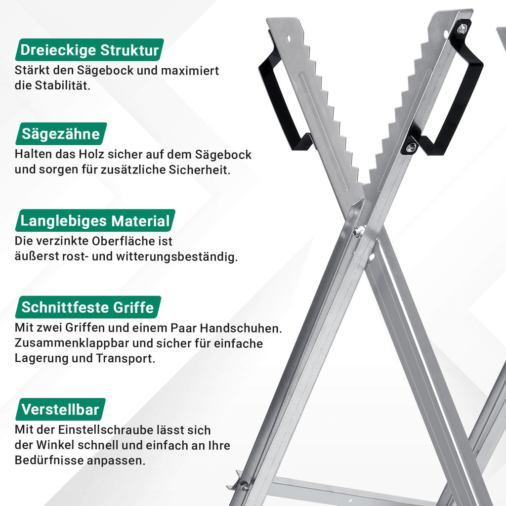 Sägebock, Sägebock aus Holz, Sägehilfsmittel, zusammenklappbar, 3 Stützen, verzinkter Sägebock mit Kettensägenhalterung, Sägebock, maximale Tragkraft 150 kg, geeignet für Sägewerke und Werkstätten
