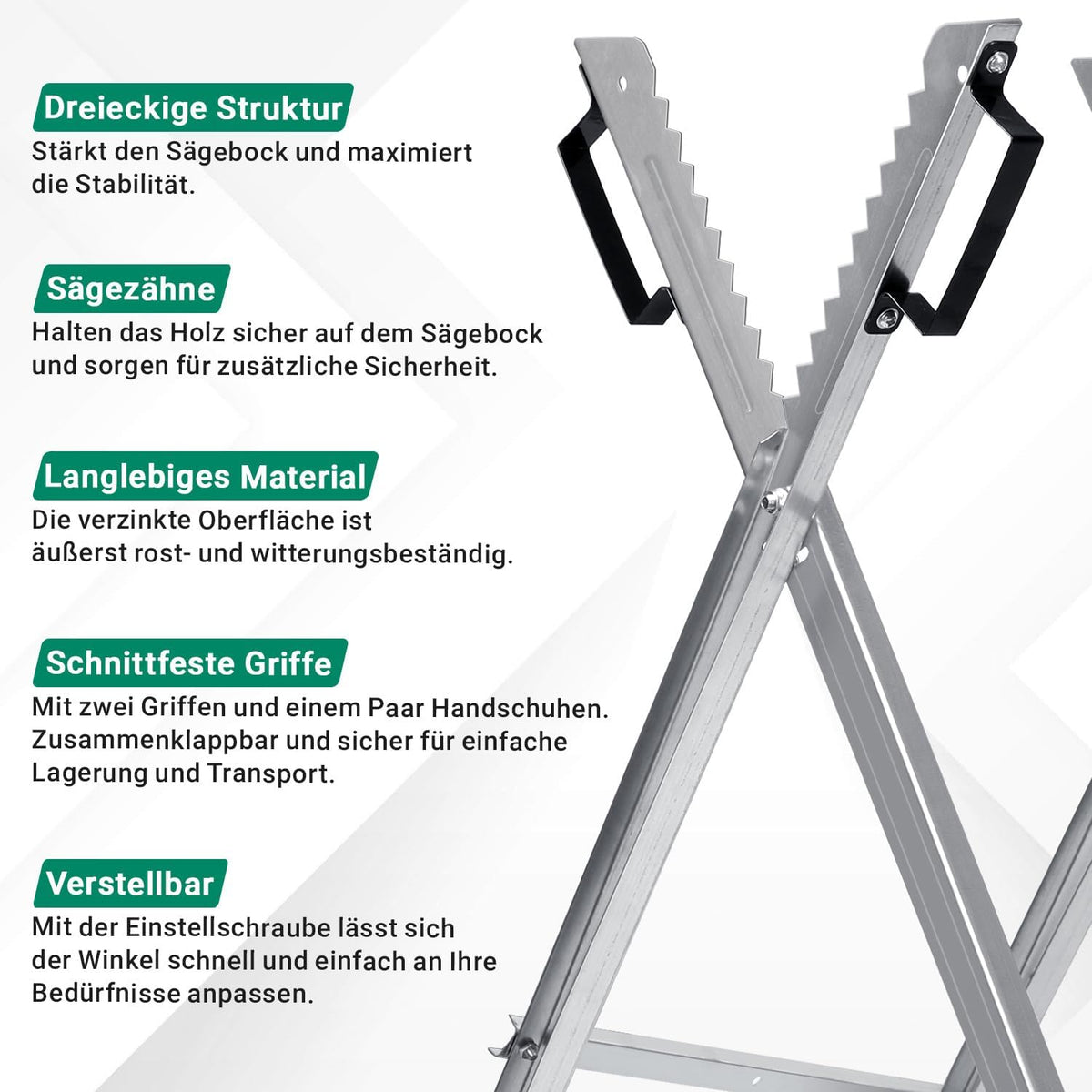 Sägebock, Sägebock aus Holz, Sägehilfsmittel, zusammenklappbar, 3 Stützen, verzinkter Sägebock mit Kettensägenhalterung, Sägebock, maximale Tragkraft 150 kg, geeignet für Sägewerke und Werkstätten