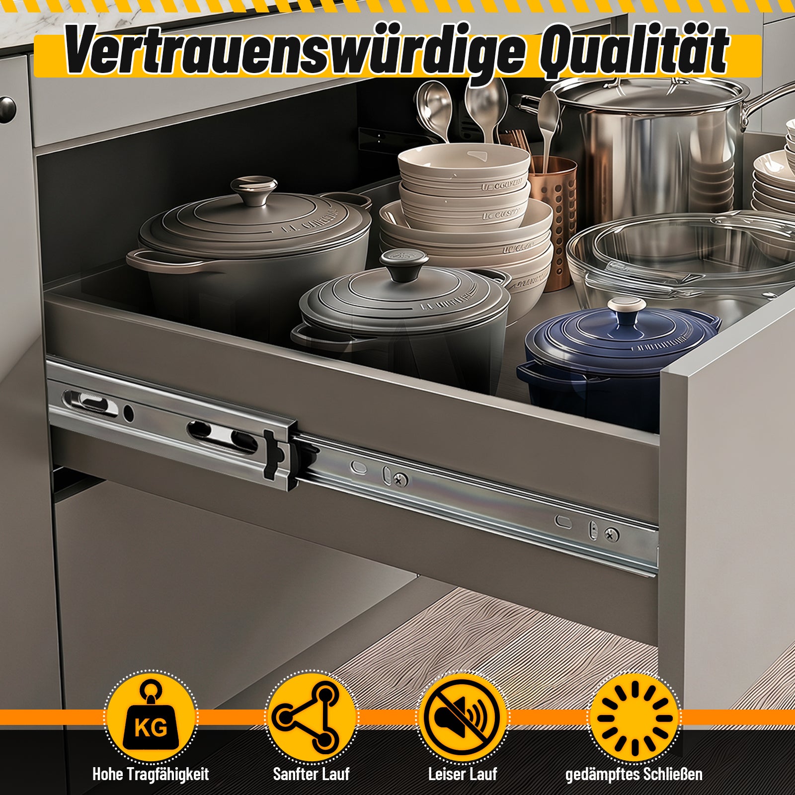 Vollauszug-Schubladenführungen mit automatischer Rückstellfunktion, Kugellagerführung, aus verzinktem Stahl; Schubladenführungen mit einer Tragkraft von bis zu 45 kg pro Paar, in verschiedenen Größen erhältlich.