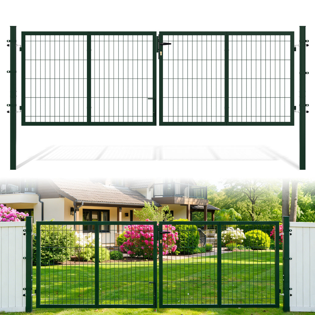 Doppelflügeltore, 300x100cm/350x100cm Metall Gartentor, Gartenzaun Zaun inkl. Griff, Schloss und 3 Schlüsseln, Robust Gartentür für Zauntür, Hoftor, Zauntor, Quadratrohr, Grün/Anthrazit