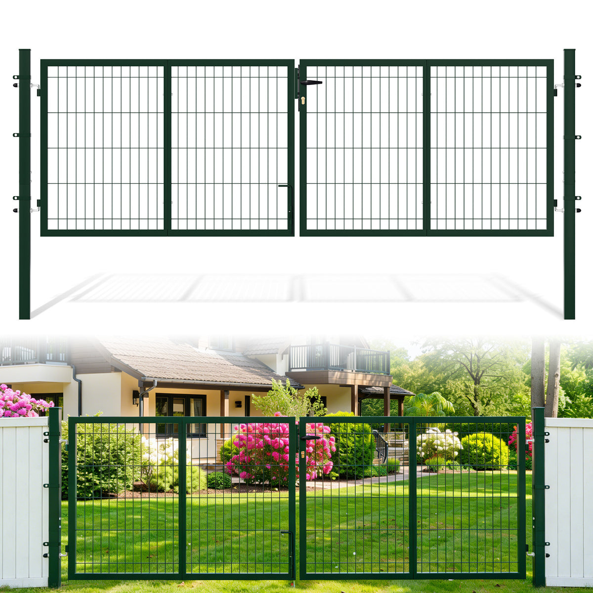 Doppelflügeltore, 300x100cm/350x100cm Metall Gartentor, Gartenzaun Zaun inkl. Griff, Schloss und 3 Schlüsseln, Robust Gartentür für Zauntür, Hoftor, Zauntor, Quadratrohr, Grün/Anthrazit