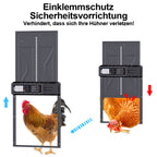 Automatisches Solartor für Hühnerställe mit LCD-Display und Fernbedienung | Elektrisches Hühnerstalltore mit Zeitschaltuhr, Hindernis-Stopp-Alarm, USB-C-Anschluss und Schutzklasse IPX4, geeignet für Hühnerställe, mit Einklemmschutz