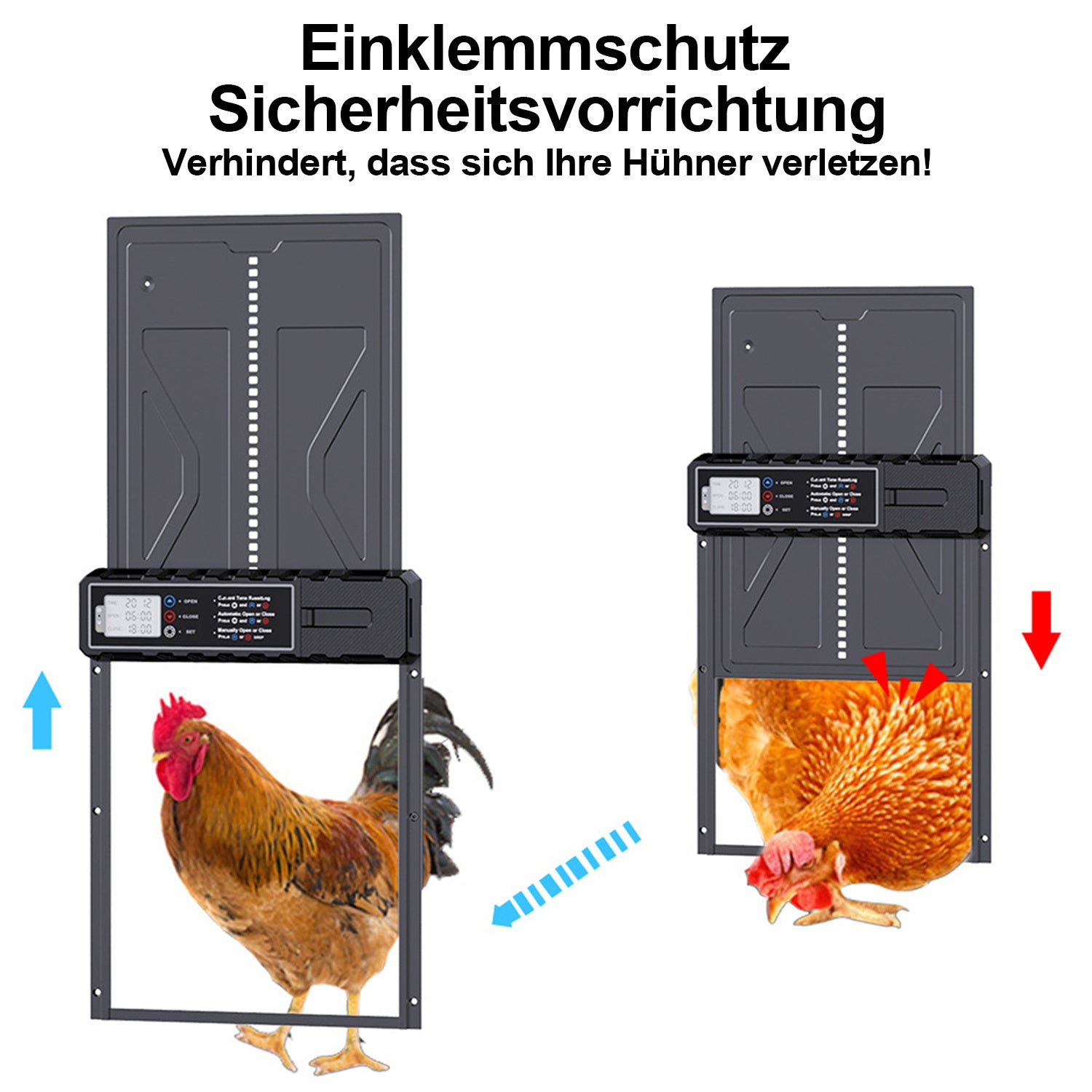 Automatisches Solartor für Hühnerställe mit LCD-Display und Fernbedienung | Elektrisches Hühnerstalltore mit Zeitschaltuhr, Hindernis-Stopp-Alarm, USB-C-Anschluss und Schutzklasse IPX4, geeignet für Hühnerställe, mit Einklemmschutz