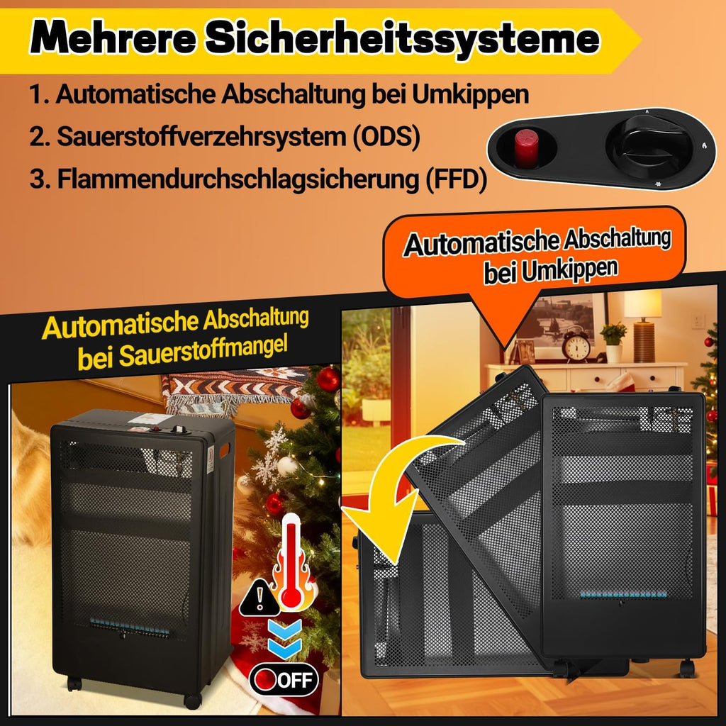 Gasheizung für Innenräume 3800W, Gasofen, 2 Stufen, Gasschlauch Gasheizer mit 2 Heizstufen, ODS-System, Regler, Schlauch und 5 Rollen für Balkon, überdachte Terrasse und belüftete Räume