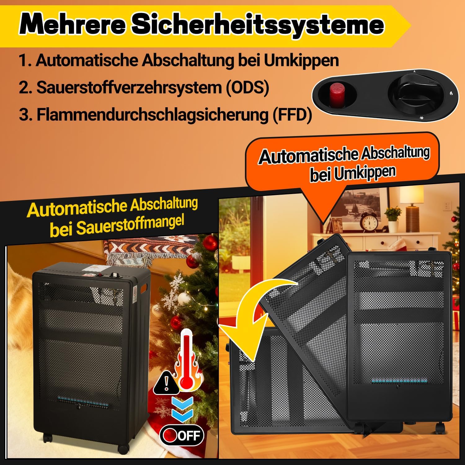 Gasheizung für Innenräume 3800W, Gasofen, 2 Stufen, Gasschlauch Gasheizer mit 2 Heizstufen, ODS-System, Regler, Schlauch und 5 Rollen für Balkon, überdachte Terrasse und belüftete Räume