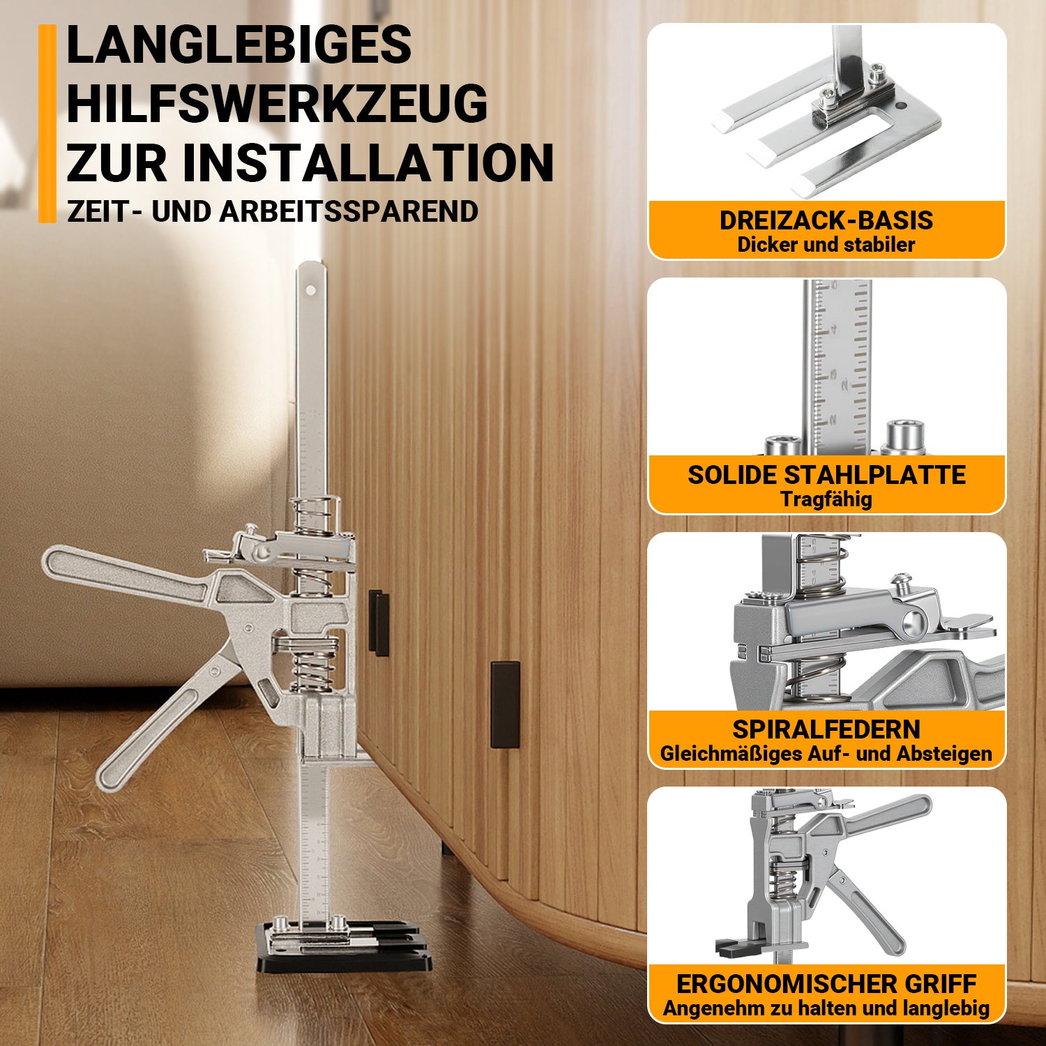 Arbeitssparender Möbelheber 2/4 Stück 38cm bis 200kg Handwerkzeugheber, Armwagenheber mit Skala & Doppelschnelligkeitsabsenkung, Hub 0-230mm, Klemmkopf & rutschfesten Gummipads