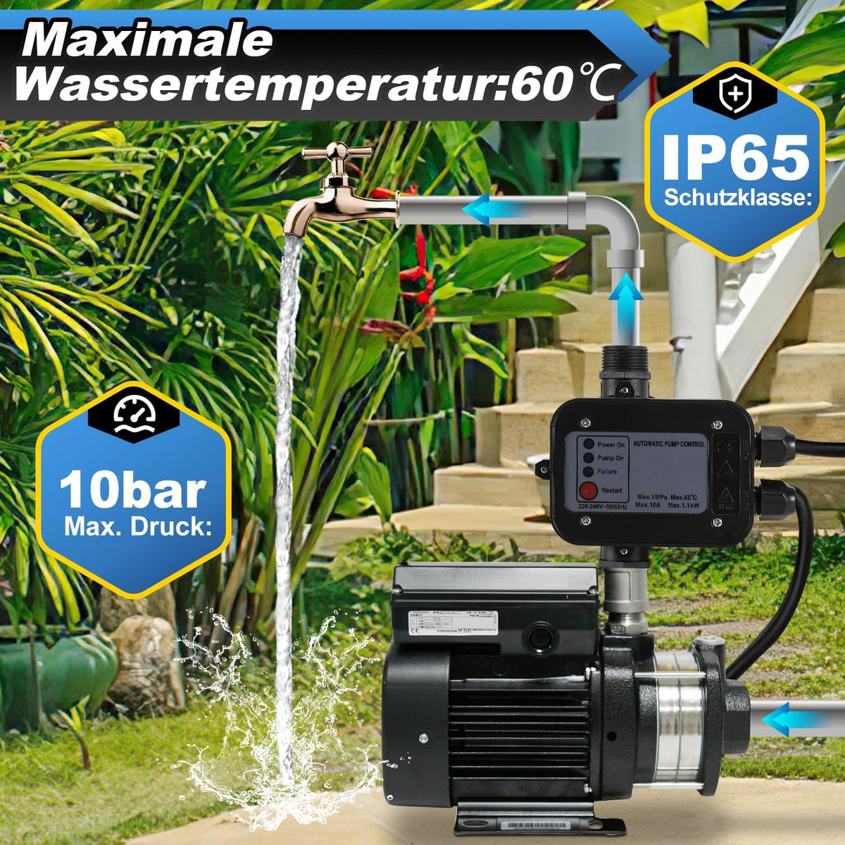 Pumpensteuerung, Druckschalter mit Kabel, 10 bar, mit Bar-Anzeige, der Druckschalter überwacht den Wasserdruck – automatisches Ein- und Ausschalten, Gartenhäuschen